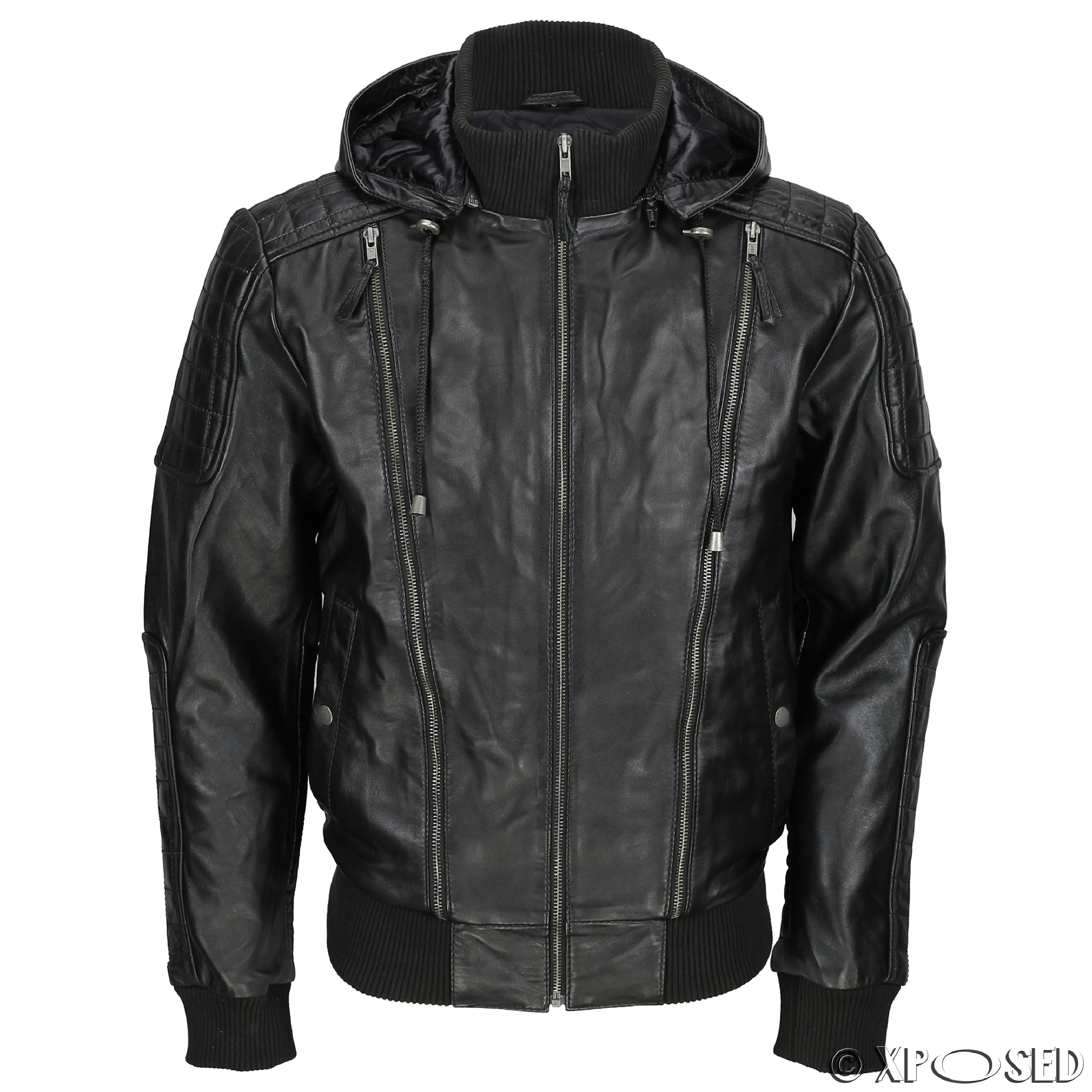 Mens Vintage Real Leather Bomber Jacket Detachable Hood Biker Washed Brown Black Ebay 